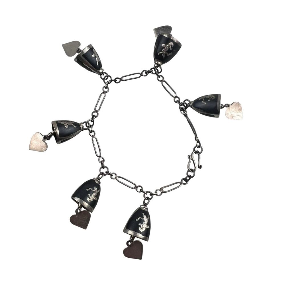Siam Thai Sterling Silver Bracelet Bell with Hearts 6.5"